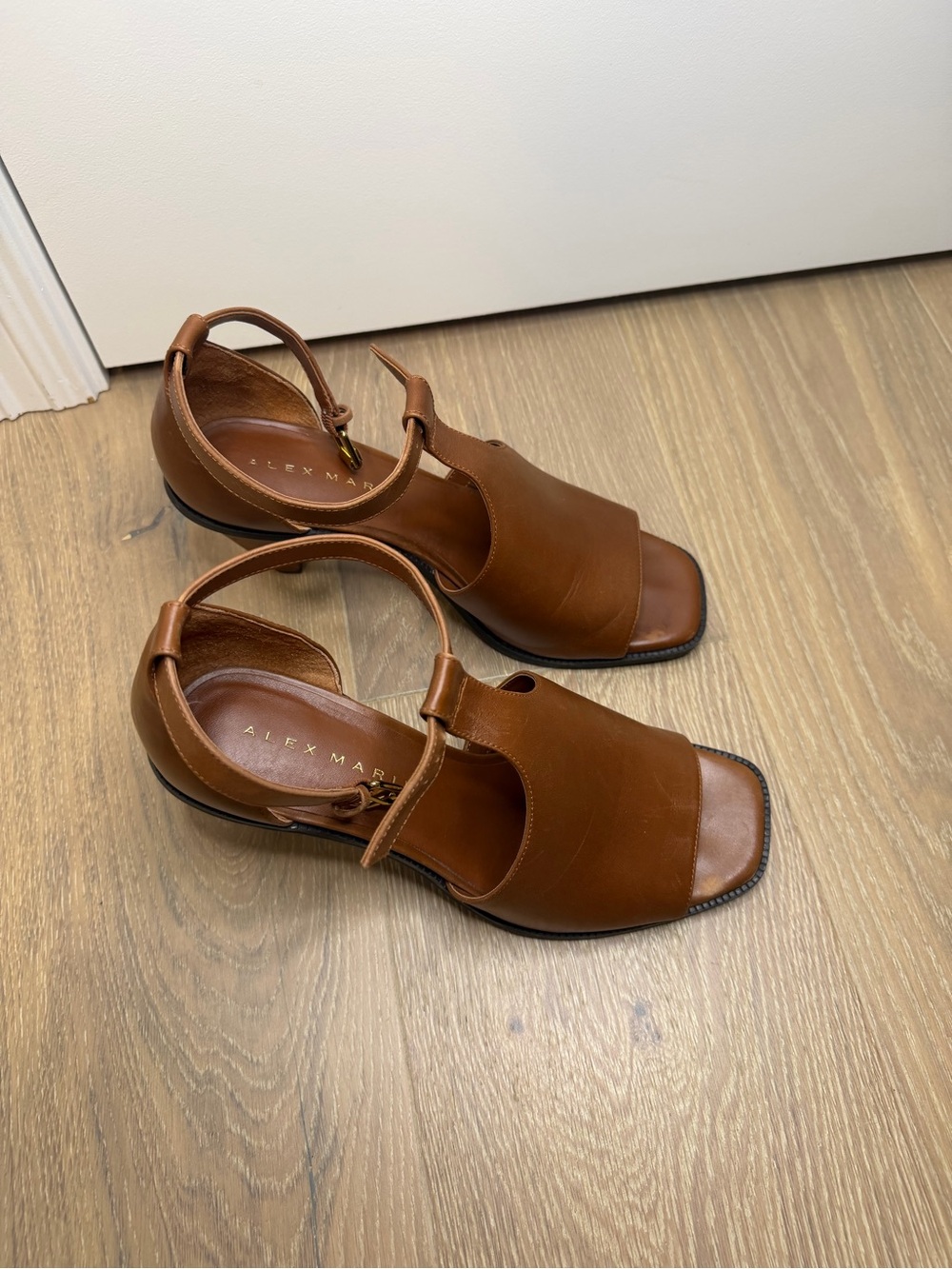 Alex Marie Tan Brown Leather Open-Toe Heels